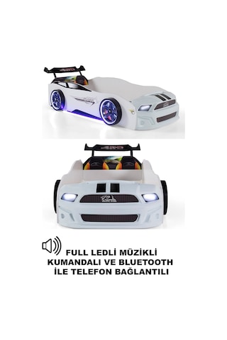 Beyaz Arabalı Yatak Sport Mst Full Ledli Kumandalı Ve Müzikli 90x190 Cm