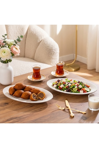 Porsima 4441 Gardenya Porselen Platin Fileli Kayık Tabak Seti - Oval Kahvaltılık Sunumluk Seti 30cm Beyaz