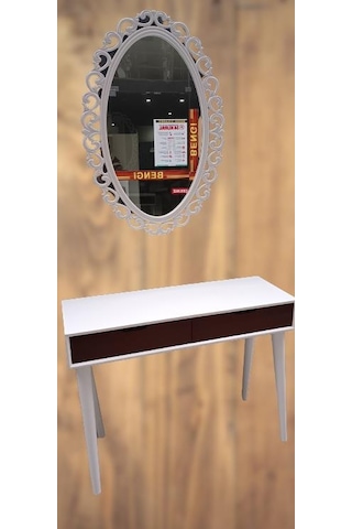 Dresuar Ahşap Kayın Retro Ayak Çift Çekmece Motifli Ayna Beyaz Ceviz El Yapımı Beyaz