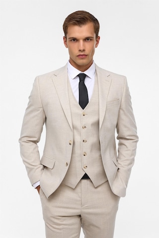 Süvari Ekru Slim Fit Desenli Mono Yaka 6 Drop Yelekli Klasik Takım Elbise