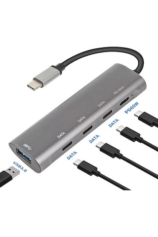 Type-c 4 Port Type-c Dişi Çoklayıcı + Usb 3.0 10gbps Data Pd 60w Hızlı Şarj Alüminyum Kasa Otg Destekli
