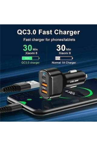 Honmex 30w 3'lü Usb Pd Araç Şarj Cihazı - 2.4a Hızlı Şarj, Type-c Ve Usb Girişleri, İphone, İpad, Android Uyumlu Siyah