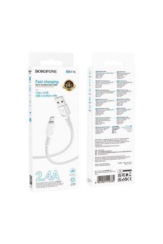 Borofone Bx116 1m 2.4a Usb'den Micro Usb'ye Belirli Şarj Veri Kablosu Beyaz