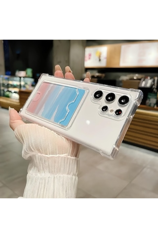 Samsung Galaxy S22 Ultra Uyumlu Kartlıklı Kılıf Kamera Korumalı Anti Şok Şeffaf Kapak Şeffaf