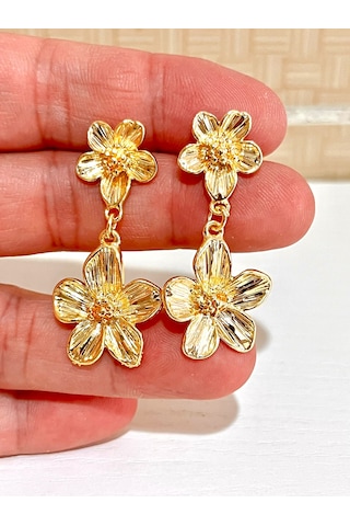 Altın Çiçek Küpe Sallantılı Lüks Çiçek Detaylı Drop Küpe Günlük & Özel Gün Şıklığı