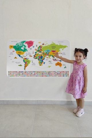 Harita Sepeti Türkçe Ülke Bayrak Lı Eğitici Başkent Detaylı Atlası Dünya Haritası Duvar Sticker -3860-a-60 X 105 CM