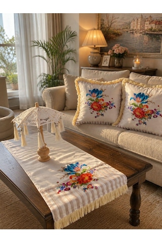Missidea Naturel Ledsiz Dekaratif Bali Şemsiyesi Ve Vintage Çiçek Desenli Seti Ledsiz Şemsiye+runner Ve 2'li Kırlent Kılıfı Krem