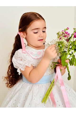 Beyaz Mavi Kemerli Vintage Elbise, Özel Dikim Çocuk Elbisesi, Doğum Günü Elbisesi,0-12 Yaşa Uygun Beyaz