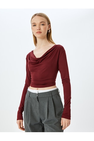 Koton Uzun Kollu Degaje Yaka Slim Fit Tişört Bordo 5sal10388ık Bordo
