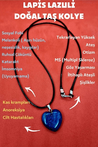 Sertifikalı Doğal Lapis Lazuli Taşı Kalp Kolye Zincir Dahil Çok REnkli