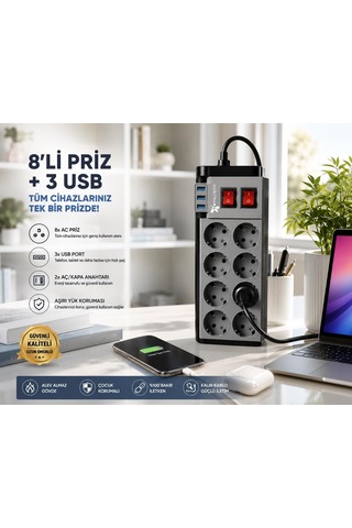 Lexroo Suwors Akım Korumalı 8 Li Grup Priz 2 Metre 3 Usb Girişli Anahtarlı Çoklu Uzatma Kablosu Diğer