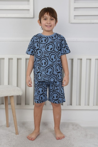 Bunny Hopp Şortlu Erkek Çocuk Pijama Takımı %100 Pamuk Desenli Yazlık 3-8 Yaş Mavi Siyah