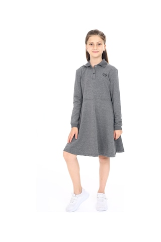 Toontoy Kız Çocuk Polo Yaka Çıtçıtlı Göğsü Baskılı Elbise Antrasit Melanj