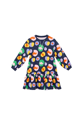 Denokids Kız Çocuk Kışlık Çiçek Desenli Lacivert Uzun Kollu Fırfırlı Elbise 4-10 Yaş