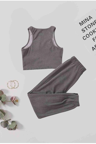 Merry See Tek Renk 1 Takım Kolsuz Polarlı Alt Üst Pijama Takımı Gri 001
