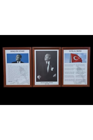 Atatürk-gençliğe Hitabe-istiklal Marşı Mdf Portre Tablo Köşe 3 Lü Set 35x50cm