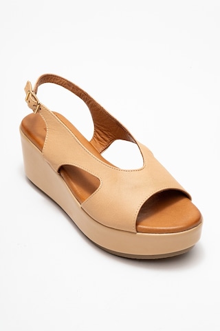 Brad Koyu Bej Cilt Hakiki Deri Dolgu Topuklu Kadın Sandalet Koyu Bej