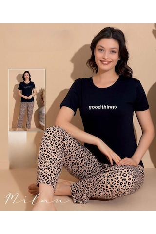 Boyraz Slim Fit Dar Kesim Kadın Milan Bisiklet Yaka Kısa Kol Pijama Takımı 11000s - 1 Adet Siyah