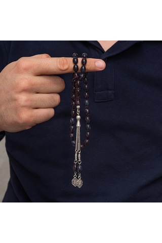 Premium Parlak Eskitmeli Metal Püsküllü Arpa Kesim Tesbih Mavi