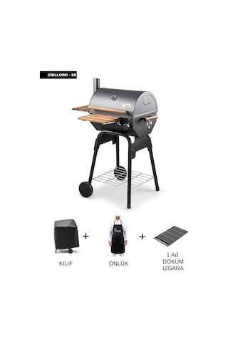 Grillord 50 Kömürlü Barbekü 1 Adet Döküm Izgaralı + Hediye Seti Siyah