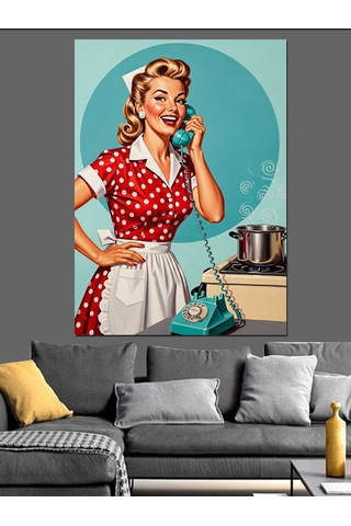Telefonda Konuşan Retro Kadın Dekoratif Kanvas - Mdf Ahşap Tablo