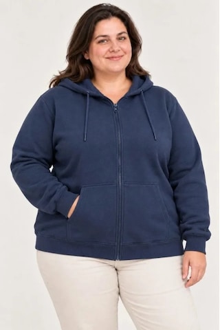 Suma Battal Büyük Beden Üç İplik İçi Şardonlu Kapüşonlu Tam Fermuarlı Kışlık Sweatshirt - Lacivert