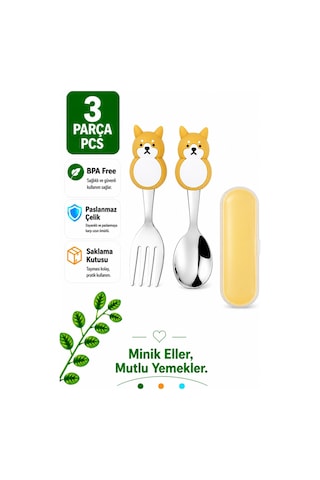 Kedi Figürlü Premium Çocuk Bpa Free Silikon Saplı Paslanmaz Çelik Uçlu Çatal-kaşık, 9+ Ay