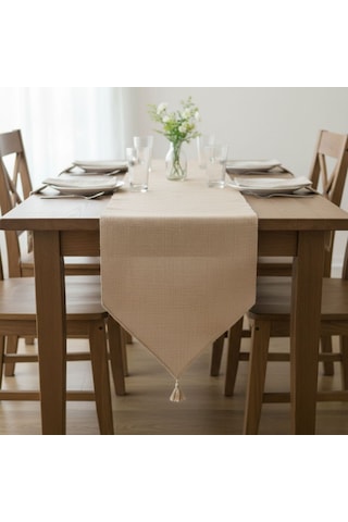 Dyris 50x200 Cm Doğal Jüt Runner Bohem & Rustik Dekoratif Masa Örtüsü, Püskül Detaylı Uzun Runner Acı Kahverengi