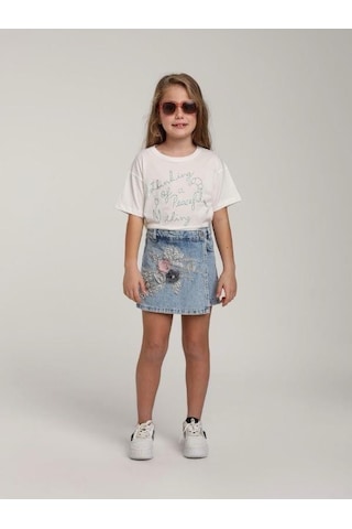 Escabel Kız Çocuk Pamuklu Yuvarlak Yaka Yarım Kol Simli T-shirt-15662 Beyaz