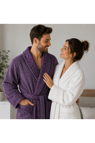 Fiesta Aile Bornoz Seti 6 Parça Kutulu Mor - Beyaz