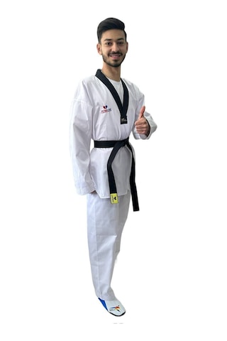 Jumok Siyah Yaka Fitilli Taekwondo Elbisesi Beyaz - Siyah
