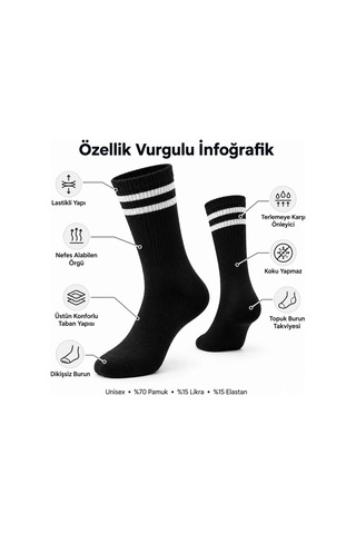Womanandkids Wak Unisex Siyah Çorap Beyaz Çizgili 12'li Set Uzun Soket Günlük Spor Kolej Stil Kadın Erkek Çorabı