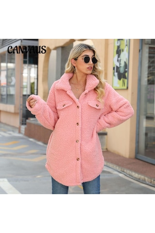 Sonbahar Ve Kış Kadın Ceket Yaka Uzun Kollu Gevşek Düğmeler Sahte Cepler Demir Olmayan Uzun Peluş Ceket Pembe
