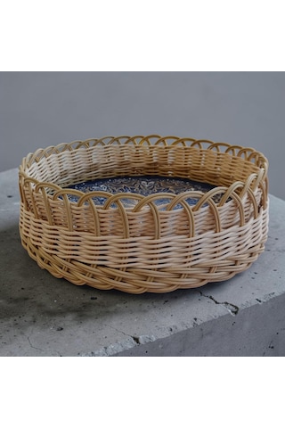 Handanrattan Mandala Desenli El Örgüsü Yuvarlak Rattan Tepsi Sepet 32x11 Cm Doğal Hasır - Kahve Tonları- Mavi