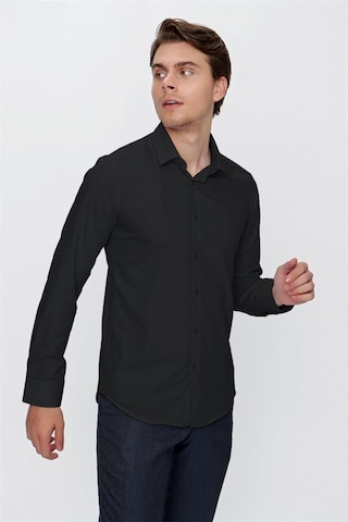 İmza Siyah Uzun Kol Düz Bez Ayağı 041 Sert Yaka Basic Slim Fit Gömlek 1004245057 Siyah