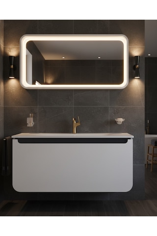 Creavit Pion 120 Cm Lavabo Dolabı Beyaz Antrasit Ve Led Ayna Beyaz