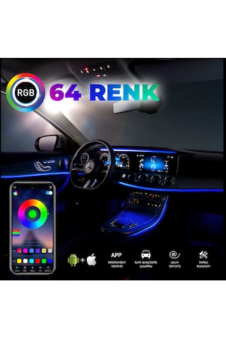 Araç İçi Ambiyans Aydınlatma 64 Renk Rgb