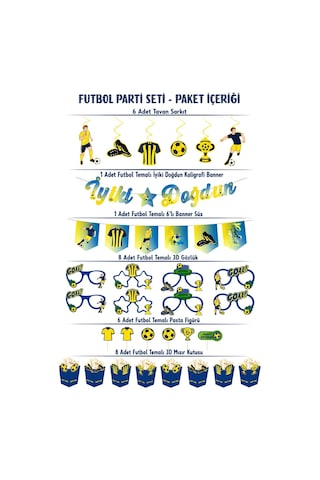 Sarı Lacivert Futbol Temalı Doğum Günü Parti Seti İyi Ki Doğdun Banner, Gözlük, Pasta Süsü Ve Mısır Kutusu