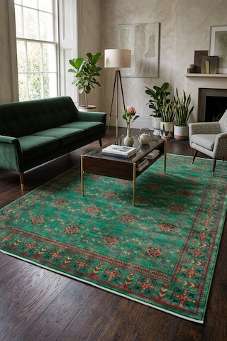 Miras Yeşil Klasik Çiçek Desenli Kalın Dokuma Kilim Halı