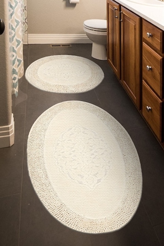 Tiffany Oval 2'li Pamuklu Klozet Takımı Krem Banyo Paspas Seti Renkli