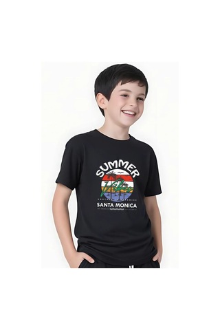 Summer Baskılı Erkek Çocuk Yuvarlak Yaka Kısa Kollu T-shirt Siyah