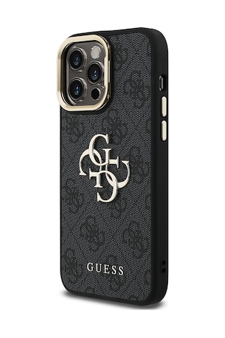 Apple iPhone 13 Pro Max Uyumlu Kılıf Guess Lisanslı Metal 4g Ve Yazı Logolu Kamera Standlı Kapak Siyah