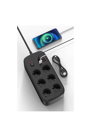 Termal Akım Korumalı 6 Lü Priz 4x Usb 2x Type-c Çıkışlı Grup Siyah