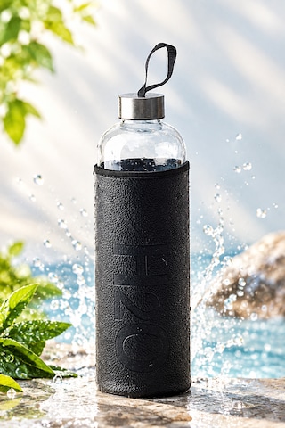 H2o Sağlıklı Cam Matara 1000 Ml Su Şişesi, Deri Kılıflı 1 Lt Sporcu Suluğu Siyah