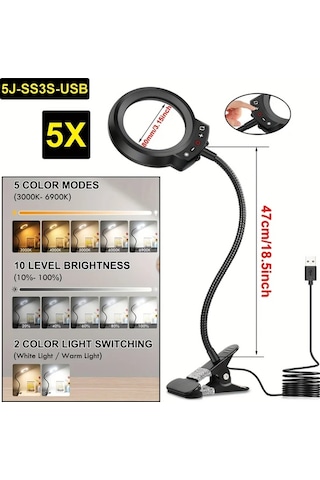 Willowhaven Siyah 5v Usb Led Büyüteçli Lamba, 5 Renk, 10 Parlaklık, Mengeli