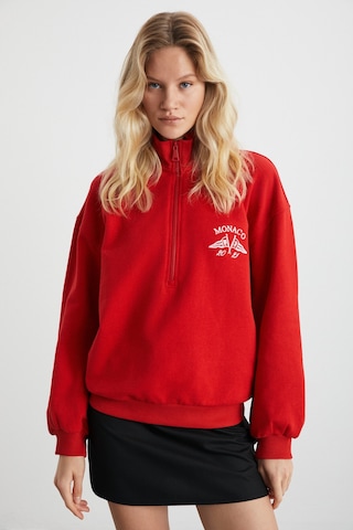 ETHIQUET MEYBE INA Kadın Organik Pamuklu Kemik fermuarlı Dik Yaka Yazılı Baskılı Kırmızı Sweatshirt