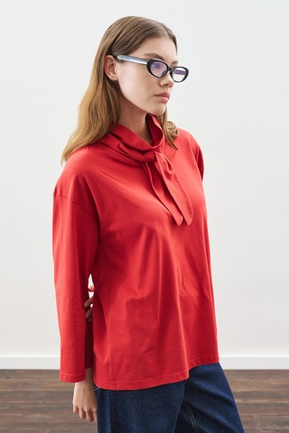 Yüksek Yaka Bağlamalı Bluz Kırmızı Kırmızı