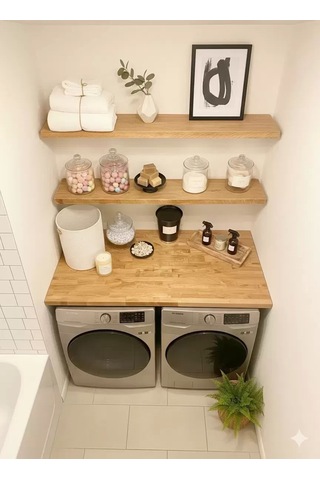 %100 Masif Ahşap Çamaşır Makinesi Ve Kurutma Makinesi Üstü Ve Duvar Rafları 120x60cm 40410390