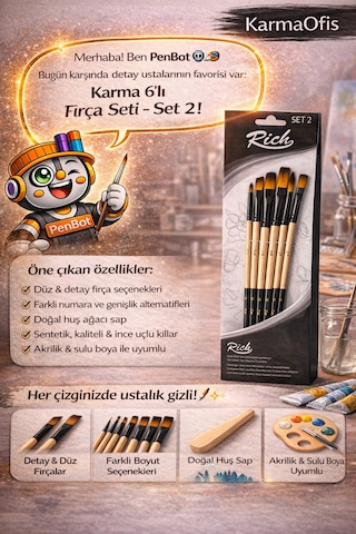6 Lı Karma Fırça Seti Set 2 Detay, Düz Ve Düz Kesik Uçlu Profesyonel Boya Fırça Akrilik&sulu Boya