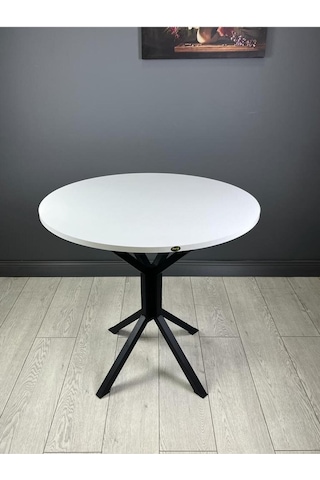 Saray Beyaz Siyah Yuvarlak Mutfak Masası Yemek Masa Balkon Masa Metal Siyah Ayak 80 Cm